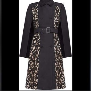 BCBGMAXAZRIA Noir Lace” Trench Coat – Black with Nude Lining, Floral Lace Panels
